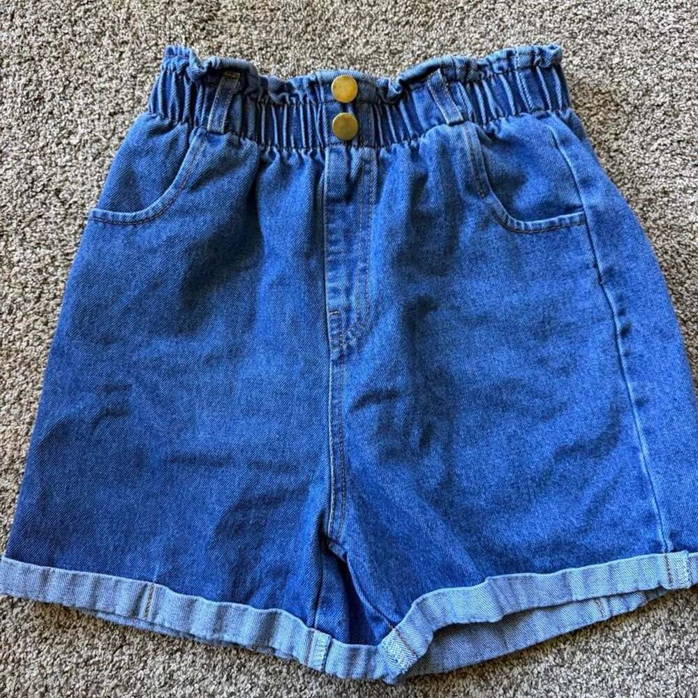 SHEIN Denim Paperbag Shorts Size 11-12Y Blue Cuffed Elastic Ruffle Waist